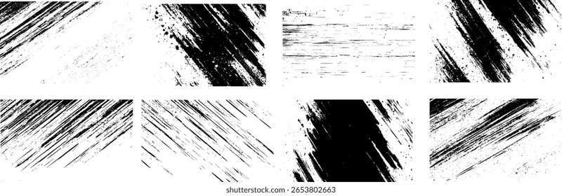 Vertical o rayones diagonales y otros que muestran una textura más dispersa y Abstractas de partículas de polvo y grano de polvo sobre fondo blanco. Las texturas varían en densidad y dirección.