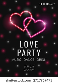 Vertical digital flyer or invitation template for Love Party to February 14th Valentine's Day. Design layout in dark colors with neon red and pink hearts and luminous dots.