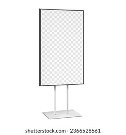 Vertical digital LCD display stand realistic vector mockup. Large video banner with transparent screen on metal base mock-up