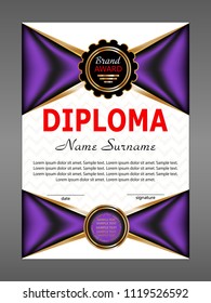 Vertical diploma or certificate template with purple elements design background. Vector illustration.