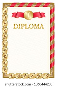 Vertical diploma for first place in a sports competition, golden color with a ribbon the color of the flag of Kyrgyzstan. Vector image.