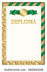 Vertical diploma for first place in a sports competition, golden color with a ribbon the color of the flag of Saudi Arabia. Vector image.
