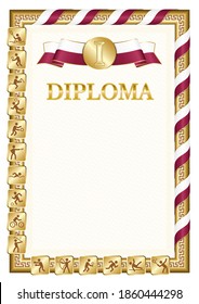 Vertical diploma for first place in a sports competition, golden color with a ribbon the color of the flag of Qatar. Vector image.