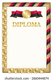 Vertical diploma for first place in a sports competition, golden color with a ribbon the color of the flag of Angola. Vector image.