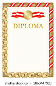 Vertical diploma for first place in a sports competition, golden color with a ribbon the color of the flag of Canada. Vector image.