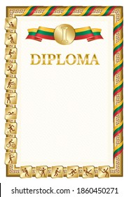 Vertical diploma for first place in a sports competition, golden color with a ribbon the color of the flag of Lithuania. Vector image.