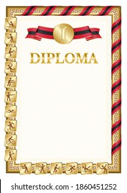 Vertical diploma for first place in a sports competition, golden color with a ribbon the color of the flag of Trinidad and Tobago. Vector image.