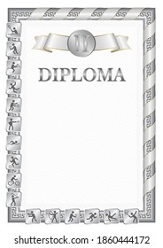 Vertical diploma for second place in a sports competition, silver color with a ribbon the color of the flag of Cyprus. Vector image.