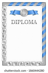 Vertical diploma for second place in a sports competition, silver color with a ribbon the color of the flag of Somalia. Vector image.