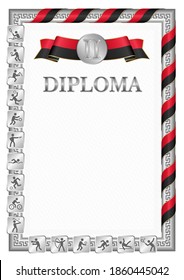 Vertical diploma for second place in a sports competition, silver color with a ribbon the color of the flag of Papua New Guinea. Vector image.