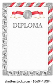 Vertical diploma for second place in a sports competition, silver color with a ribbon the color of the flag of Singapore. Vector image.