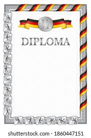 Vertical diploma for second place in a sports competition, silver color with a ribbon the color of the flag of Germany. Vector image.