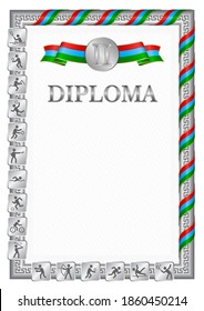 Vertical diploma for second place in a sports competition, silver color with a ribbon the color of the flag of Karelia. Vector image.