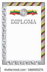 Vertical diploma for second place in a sports competition, silver color with a ribbon the color of the flag of Lithuania. Vector image.