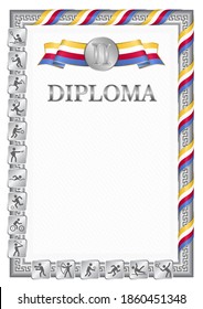 Vertical diploma for second place in a sports competition, silver color with a ribbon the color of the flag of Comoros. Vector image.