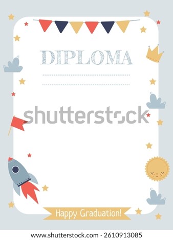 Vertical diploma template for graduation in kindergarten or school on a space theme 
