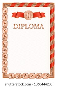 Vertical diploma for third place in a sports competition, bronze color with a ribbon the color of the flag of Hong Kong. Vector image.
