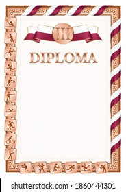 Vertical diploma for third place in a sports competition, bronze color with a ribbon the color of the flag of Qatar. Vector image.