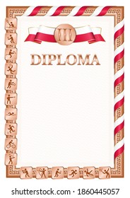 Vertical diploma for third place in a sports competition, bronze color with a ribbon the color of the flag of Poland. Vector image.