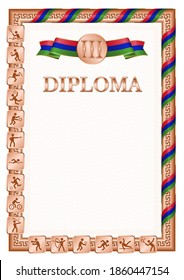 Vertical diploma for third place in a sports competition, bronze color with a ribbon the color of the flag of Gambia. Vector image.