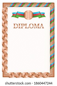 Vertical diploma for third place in a sports competition, bronze color with a ribbon the color of the flag of Azerbaijan. Vector image.