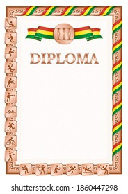 Vertical diploma for third place in a sports competition, bronze color with a ribbon the color of the flag of Bolivia. Vector image.