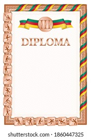 Vertical diploma for third place in a sports competition, bronze color with a ribbon the color of the flag of Cameroon. Vector image.