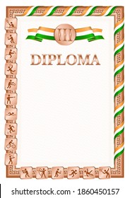 Vertical diploma for third place in a sports competition, bronze color with a ribbon the color of the flag of India. Vector image.