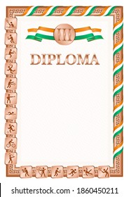Vertical diploma for third place in a sports competition, bronze color with a ribbon the color of the flag of Ivory Coast. Vector image.