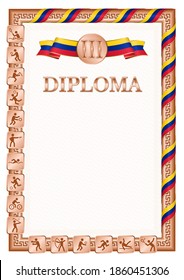 Vertical diploma for third place in a sports competition, bronze color with a ribbon the color of the flag of Venezuela. Vector image.