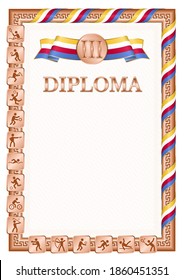 Vertical diploma for third place in a sports competition, bronze color with a ribbon the color of the flag of Comoros. Vector image.