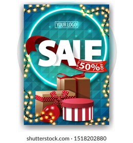 Vertical discount banner with blue polygonal texture and gift boxes