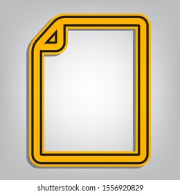 Vertical document sign illustration. Flat orange icon with overlapping linear black icon with gray shadow at whitish background. Illustration.