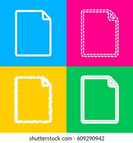 Vertical document sign illustration. Four styles of icon on four color squares.