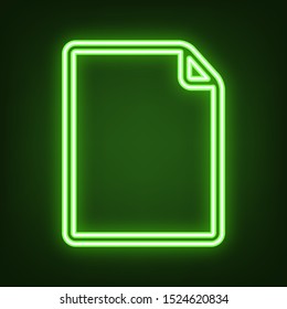 Vertical document sign illustration. Green neon icon in the dark. Blurred lightening. Illustration.