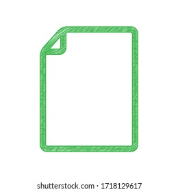 Ilustración de signo de documento vertical. Ícono de garabato verde con contorno sólido sobre fondo blanco. Ilustración.