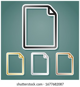 Ilustración de signo de documento vertical. Conjunto de íconos metálicos con gradiente gris, dorado, plata y bronce con contorno blanco y sombra en fondo viridán. Ilustración.