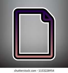 Vertical document sign illustration. Vector. Violet gradient icon with black and white linear edges at gray background.