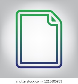 Vertical document sign illustration. Vector. Green to blue gradient contour icon at grayish background with light in center.