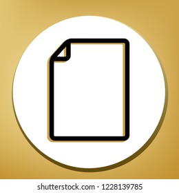 Vertical document sign illustration. Vector. Black icon with light brown shadow in white circle with shaped ring at golden background.