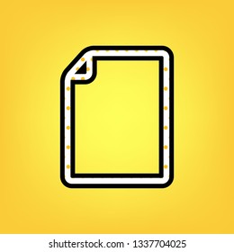 Vertical document sign illustration. Vector. Yellow polka dot white icon with black contour at warm yellow background.