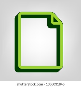 Vertical document sign illustration. Vector. Yellow green solid icon with dark green external body at light colored background.