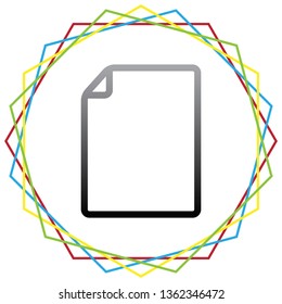 Vertical document sign illustration. Vector. Black icon with patch of light inside colorful hexagonal frames at white background.