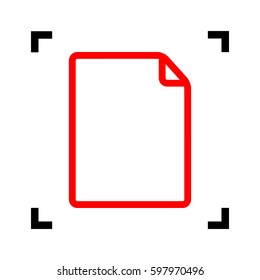 Vertical document sign illustration. Vector. Red icon inside black focus corners on white background. Isolated.