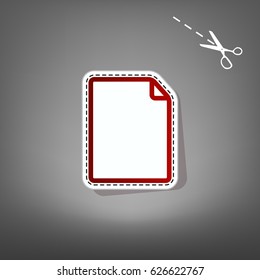 Vertical document sign illustration. Vector. Red icon with for applique from paper with shadow on gray background with scissors.