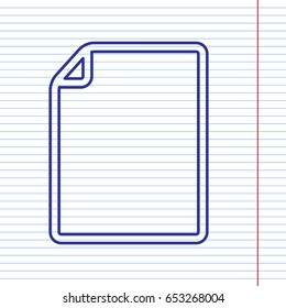 Vertical document sign illustration. Vector. Navy line icon on notebook paper as background with red line for field.