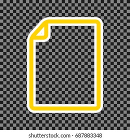 Vertical document sign illustration. Vector. Yellow icon with white contour on dark transparent background.