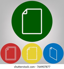 Vertical document sign illustration. Vector. 4 white styles of icon at 4 colored circles on light gray background.