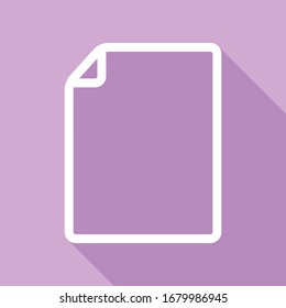 Vertical document sign illustration. White Icon with long shadow at purple background. Illustration.