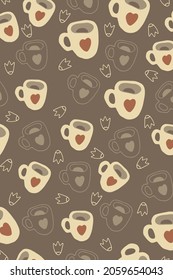 Vertical doodle background. Design postcards. Flying cups of tea, coffee, cacao. Brown colours. Hot Drink mugs doodle. Hand drawn vector for your packing, bag, mug. Tea party, coffee store, cafe. Ware